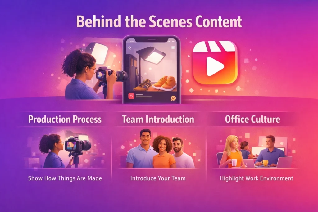 'Behind-the-scenes' content showing the team, production, and office work.
