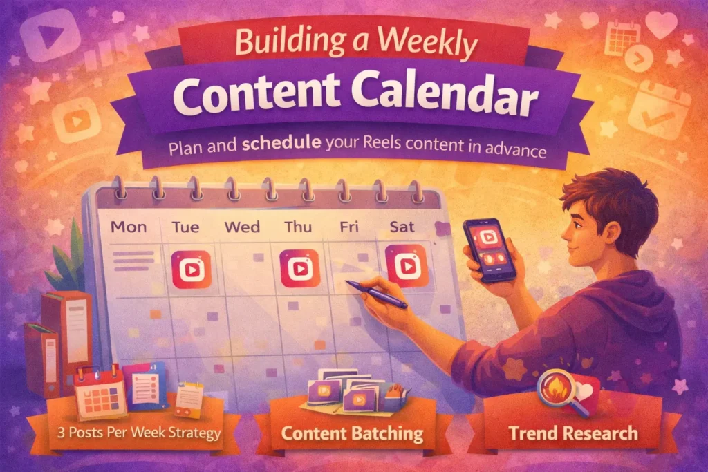 Weekly content calendar for planning Instagram Reels, including a posting schedule and trend research.