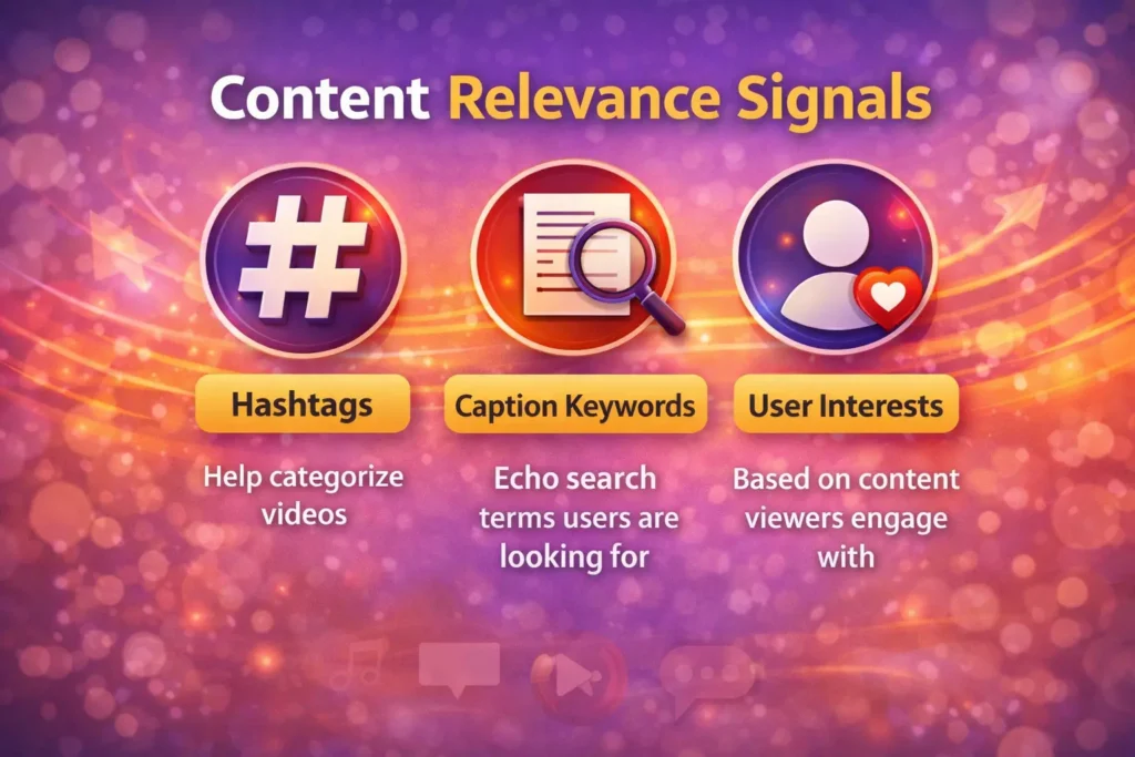 Signals indicating content relevance on Instagram Reels, such as hashtags, keywords, and user interests.