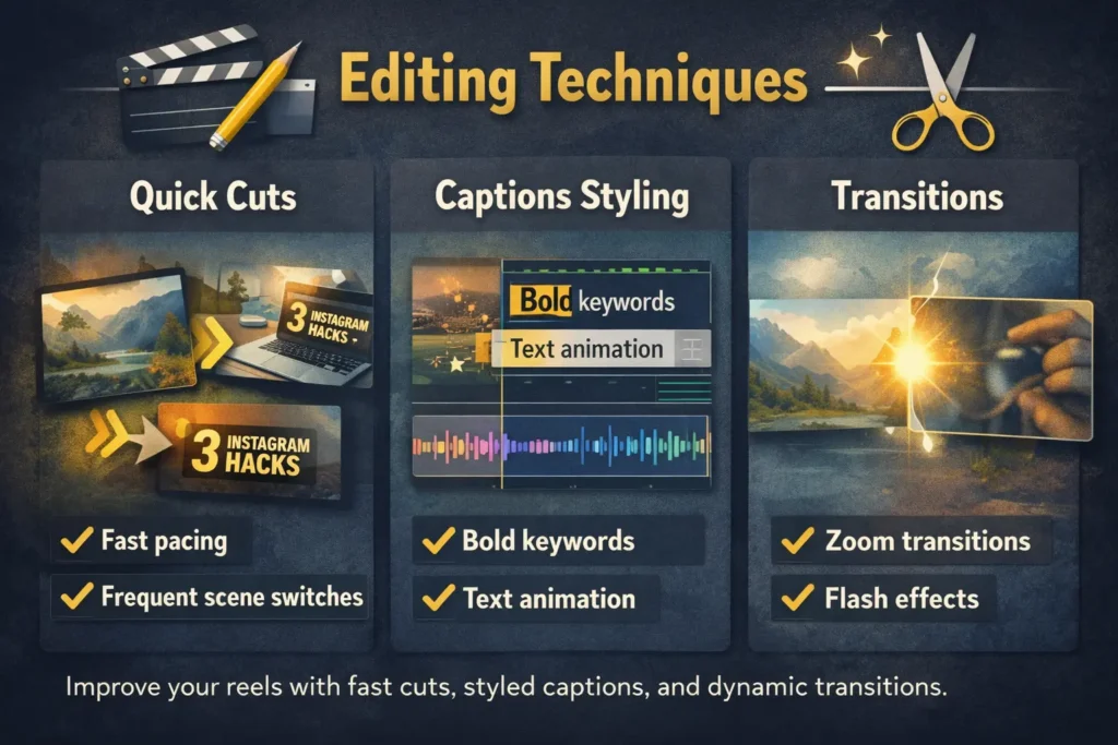 This image shows editing techniques for Reels, including quick cuts, caption styling, and smooth transitions.