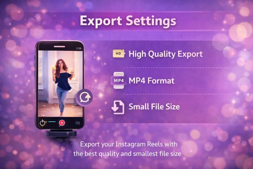 Export settings for Instagram Reels, featuring high-quality video, MP4 format, and small file size.
