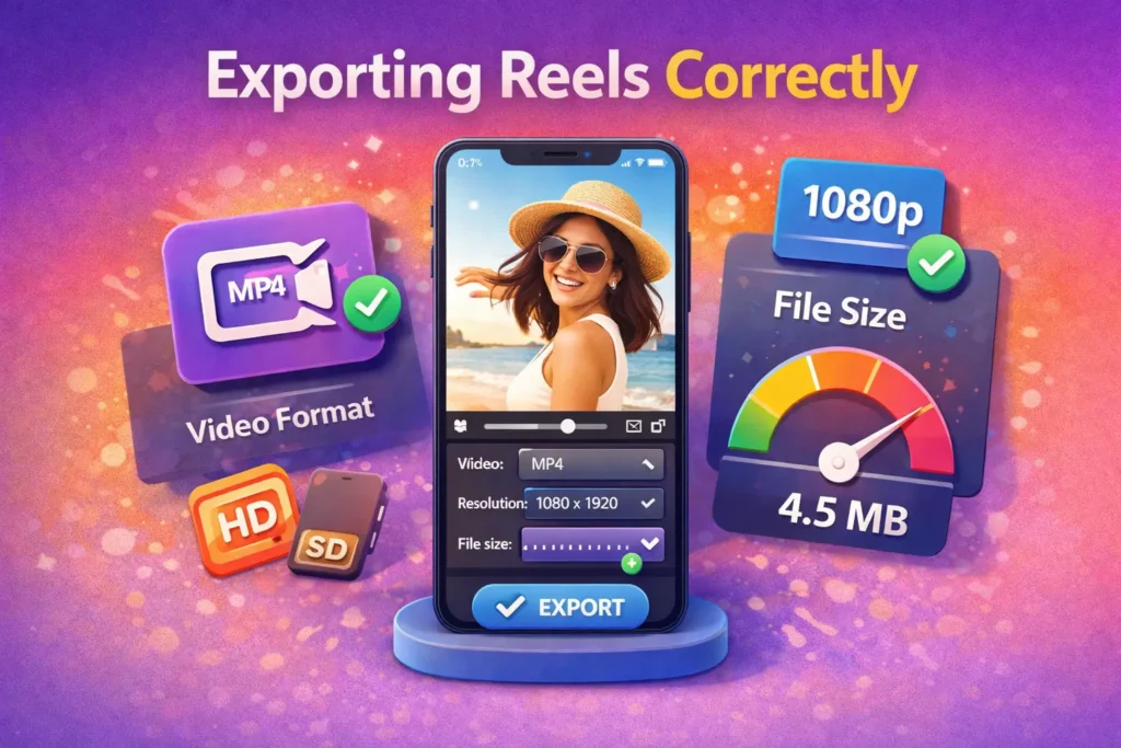 Export settings for Instagram Reels, including video format, resolution, and file size.