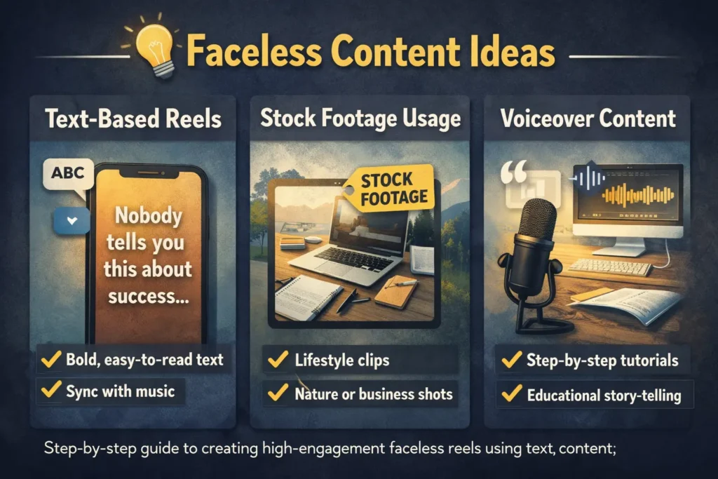 This image shows faceless content ideas, such as text-based Reels, stock footage, and content with voiceovers.