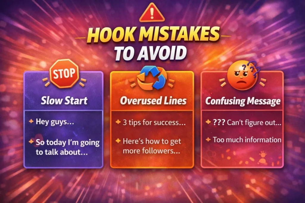 Common hook mistakes in Instagram Reels like slow start, overused lines, and confusing message.