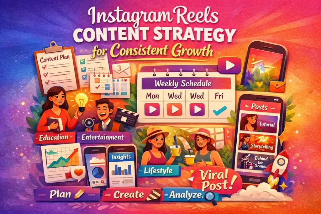 An image showing an Instagram Reels strategy covering content planning, niche, calendar, and performance tracking.