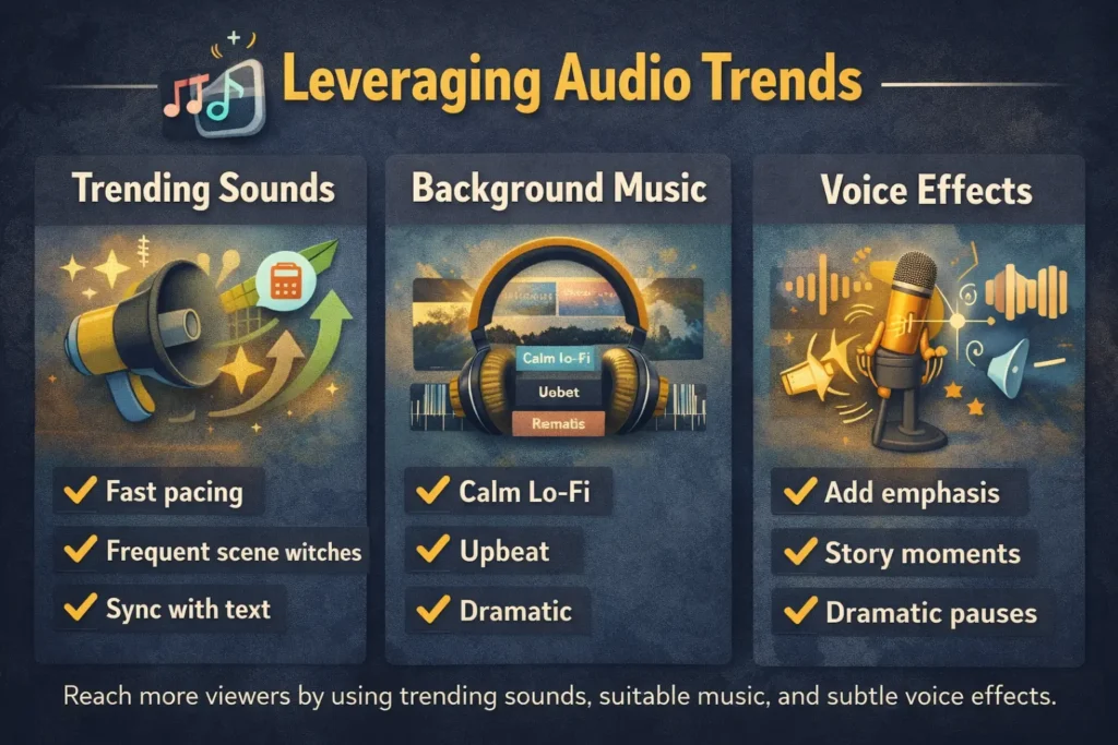 This image shows how to use trending sounds, background music, and voice effects for Instagram Reels.