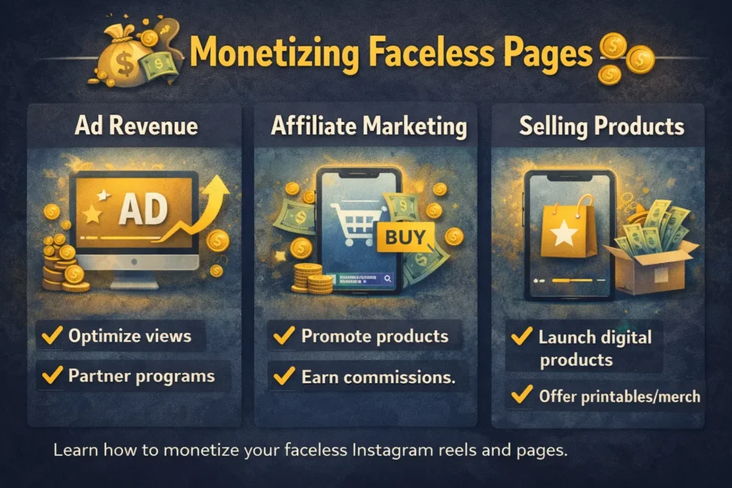 This image shows how to make money from faceless pages using theme pages, affiliate links, and brand deals.