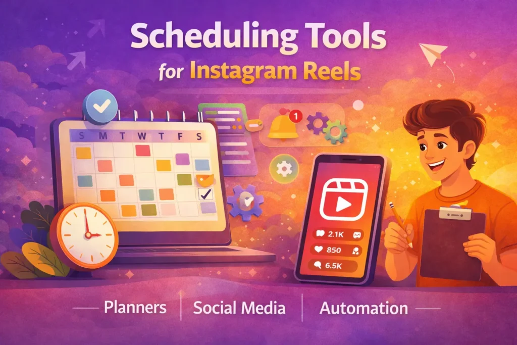 Instagram Reels scheduling tools with calendar and mobile illustrations.