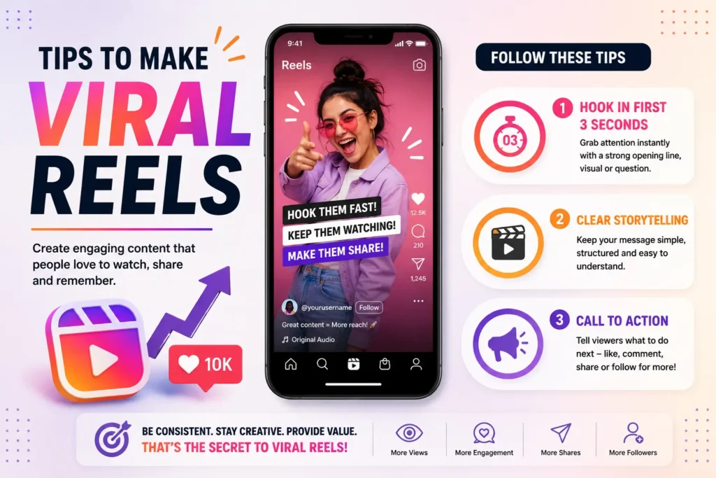 Tips for creating viral Instagram Reels with hook, storytelling, and call to action.
