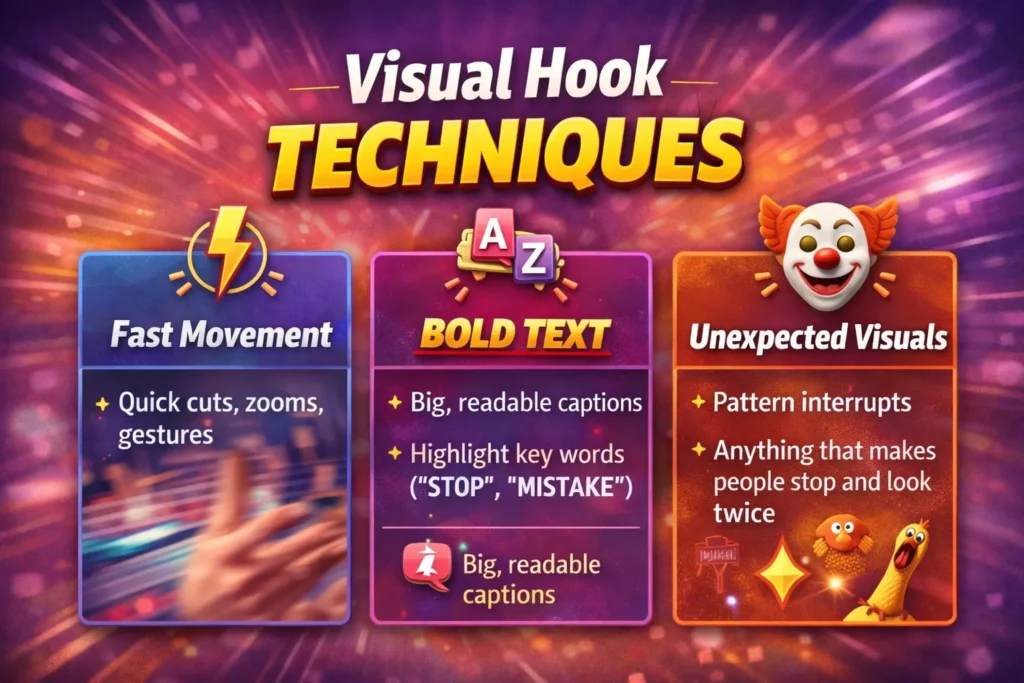Visual techniques like fast movement, bold text, and unexpected visuals for Instagram Reels.