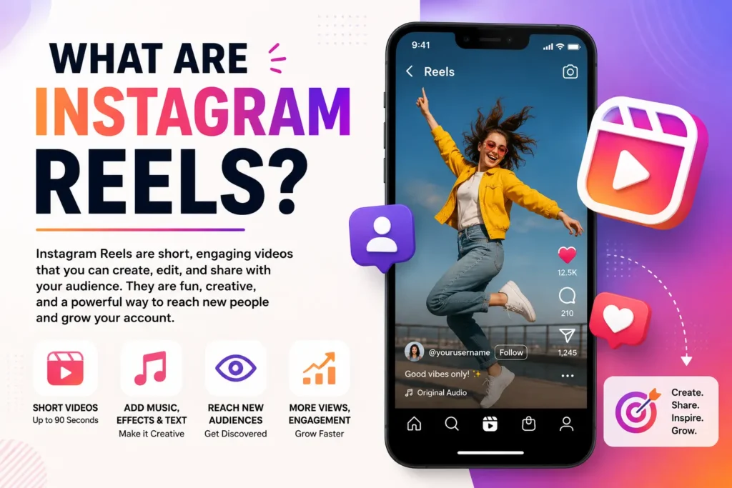 Explanation of the Instagram Reels short-video feature, illustrated with mobile screen and video icons.