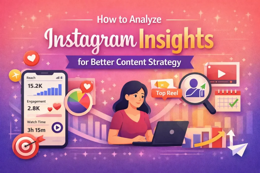 The Instagram Insights dashboard, which displays analytics for reach, engagement, and watch time.