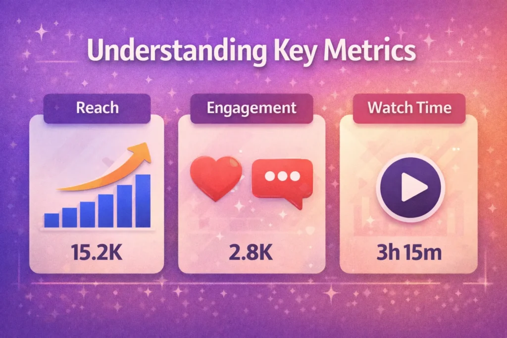 Instagram analytics is showing reach, engagement, and watch time metrics.