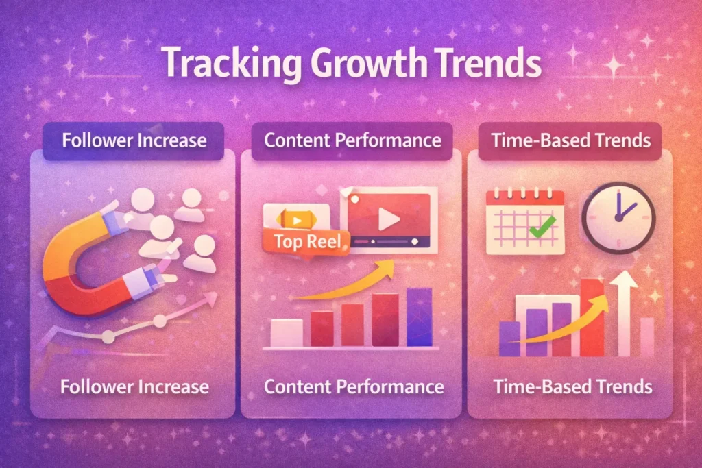 
Instagram growth trends reflect increases in follower count, content performance, and time-based analytics.