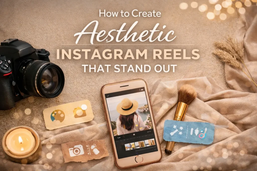 A creative workspace for shooting and creating Instagram Reels using a smartphone, featuring soft lighting and minimal props.
