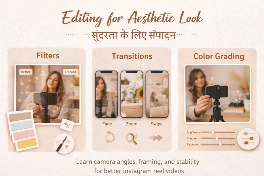 Editing Instagram Reels with filters, transitions, and color grading for an aesthetic look.