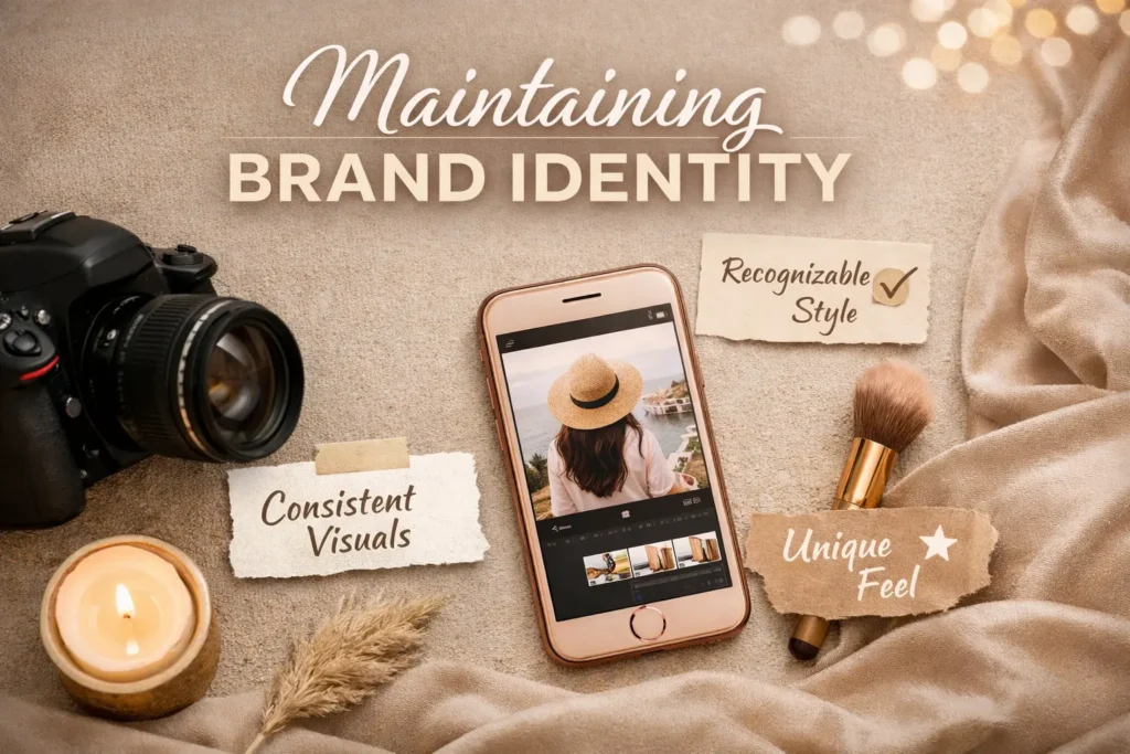 A flat-lay setup featuring a camera, smartphone, and warm aesthetic elements, reflecting a consistent brand identity for Instagram Reels.