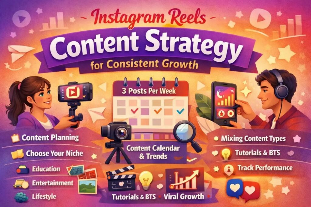 Infographic showing Instagram Reels content strategy including content planning, niche selection, posting schedule, content types, and performance tracking for consistent growth.