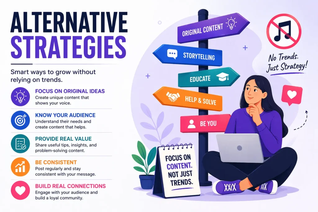 This image outlines alternative ways to boost Instagram Reels that depends on strategies like original content, storytelling, and problem-solving, rather than depending on trends.