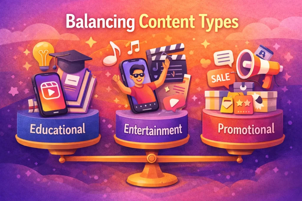 Educational, entertainment and promotional content balance for Instagram Reels strategy.