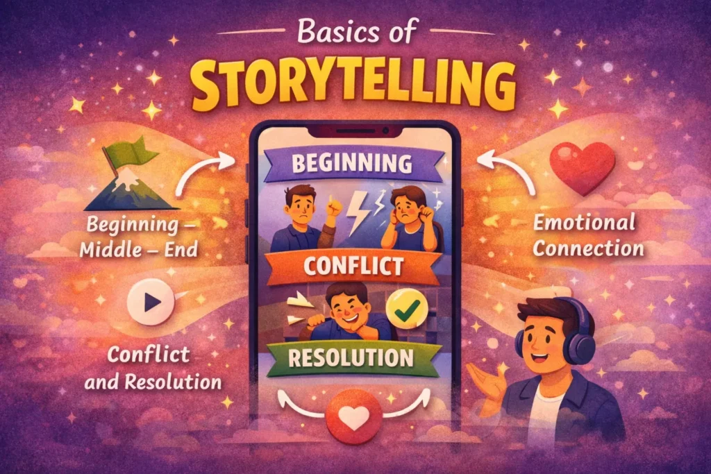 The fundamentals of storytelling: beginning, conflict, and resolution.