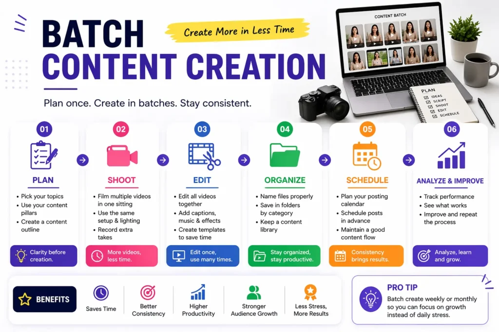 An image showing the steps for batch-creating social media content—such as planning, shooting, editing, organizing, and scheduling videos.