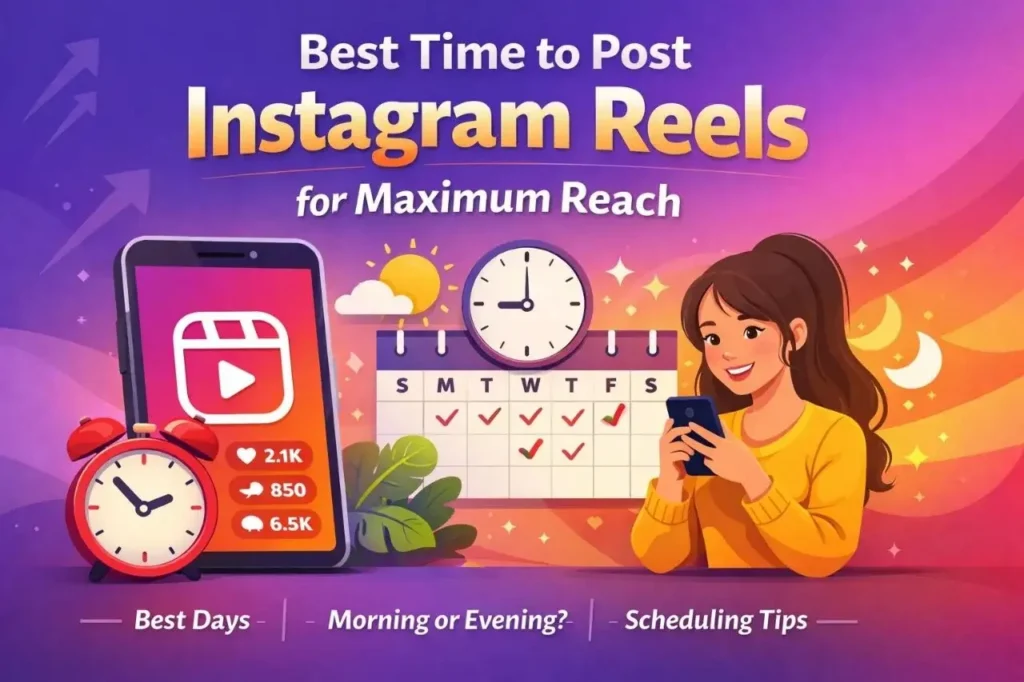 Best time to post Instagram Reels with calendar and clock illustration.