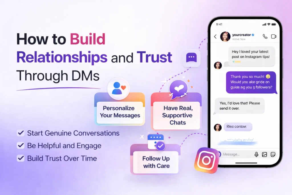 An Instagram DM conversation featuring personalized messages, trust-building remarks, and follow-up chats.