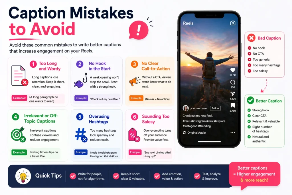 A blog feature image showing common mistakes in Instagram Reel captions, such as excessively long text, a lack of structure, and a weak 'call to action'.