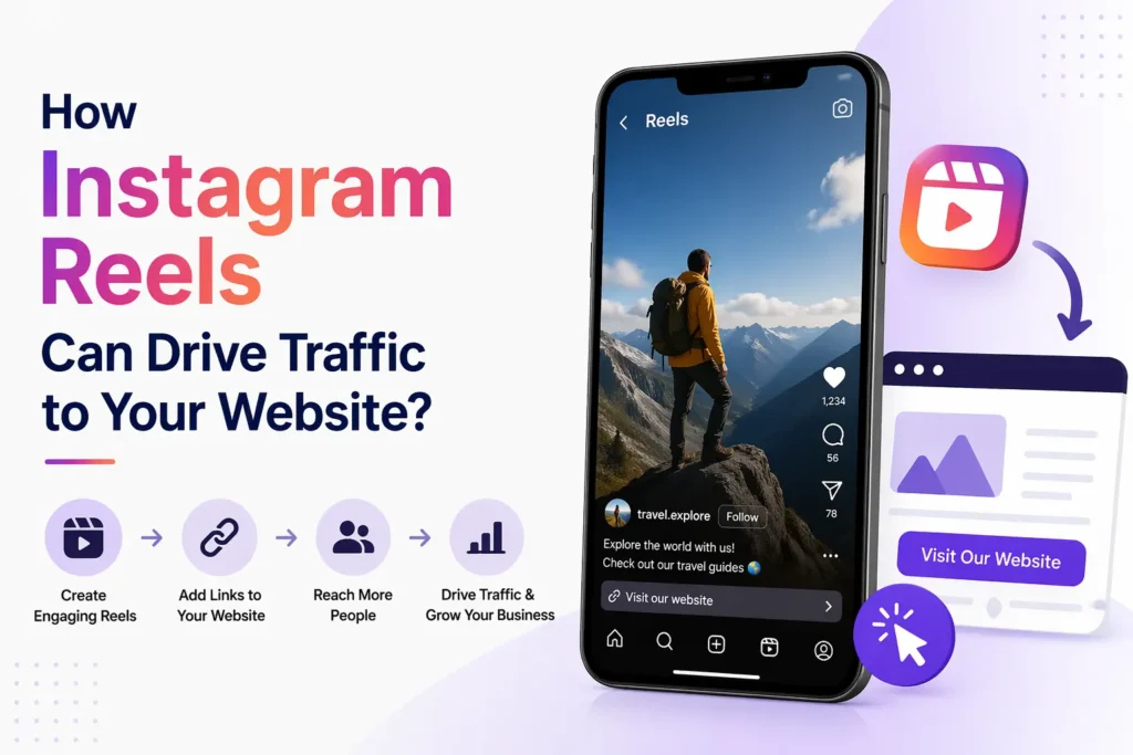 Instagram Reels strategy showing how Reels can increase website traffic through engaging content and bio links.
