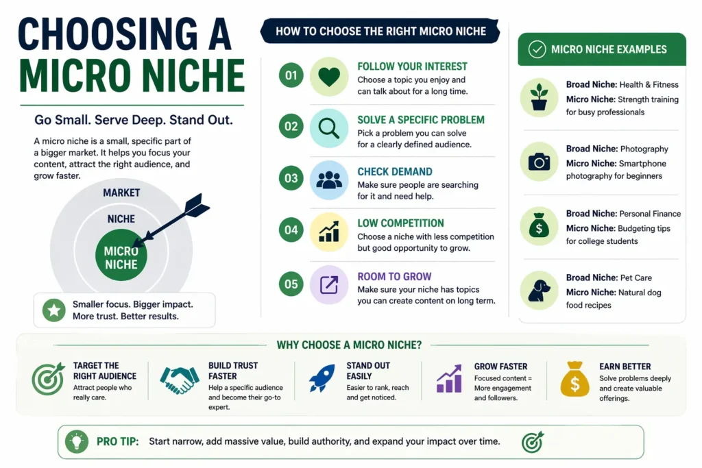 A step-by-step guide to choosing a micro-niche with a clear audience and focused content.