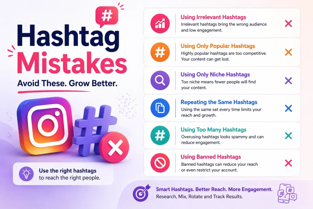 This image shows common mistakes associated with Instagram hashtags, such as overuse, banned hashtags, and irrelevant tags.