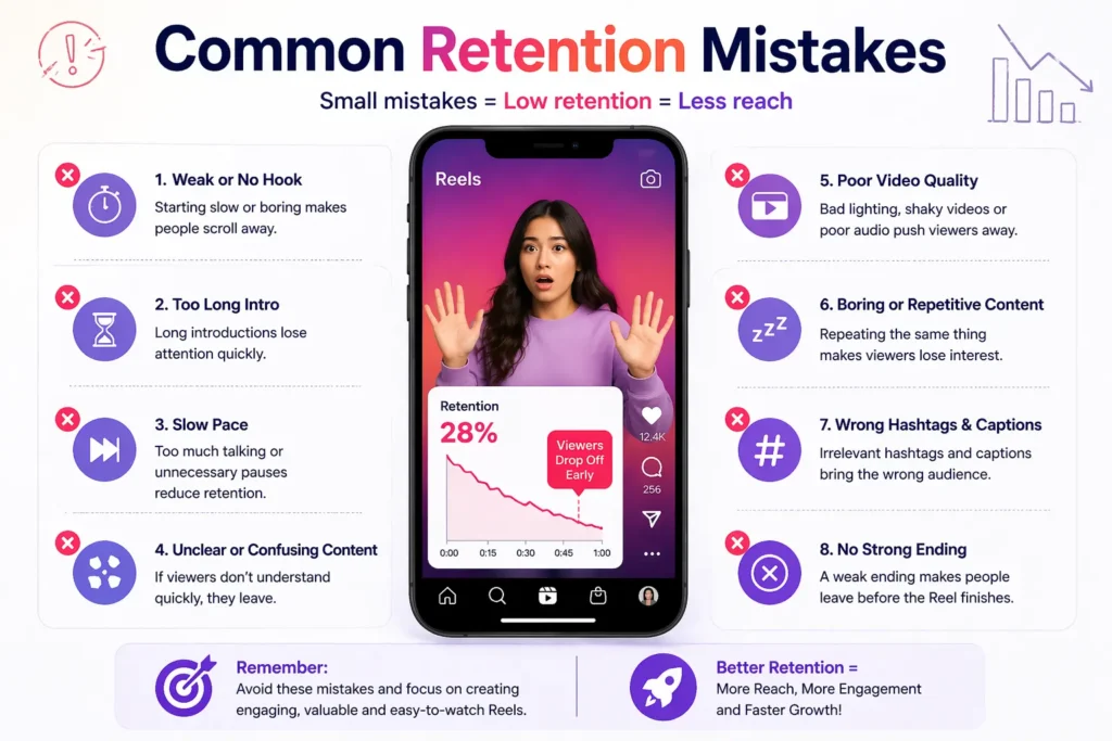 The image shows common mistakes made on Instagram Reels, such as long intros, slow pacing, and the absence of a 'hook'.