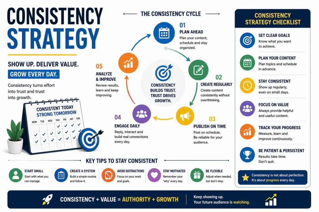 A simple consistency strategy with tips for posting daily, planning content, and growing your audience.