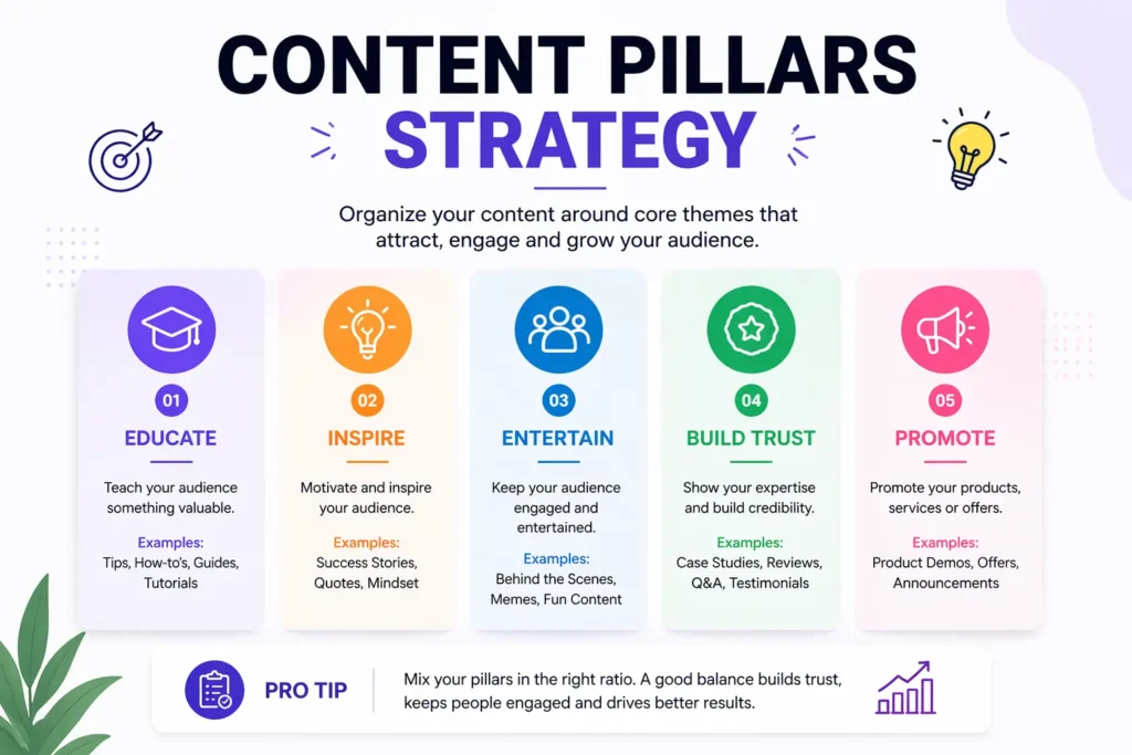 An image showing a five-category 'content pillars strategy' for social media growth: Educate, Inspire, Entertain, Build Trust, and Promote.