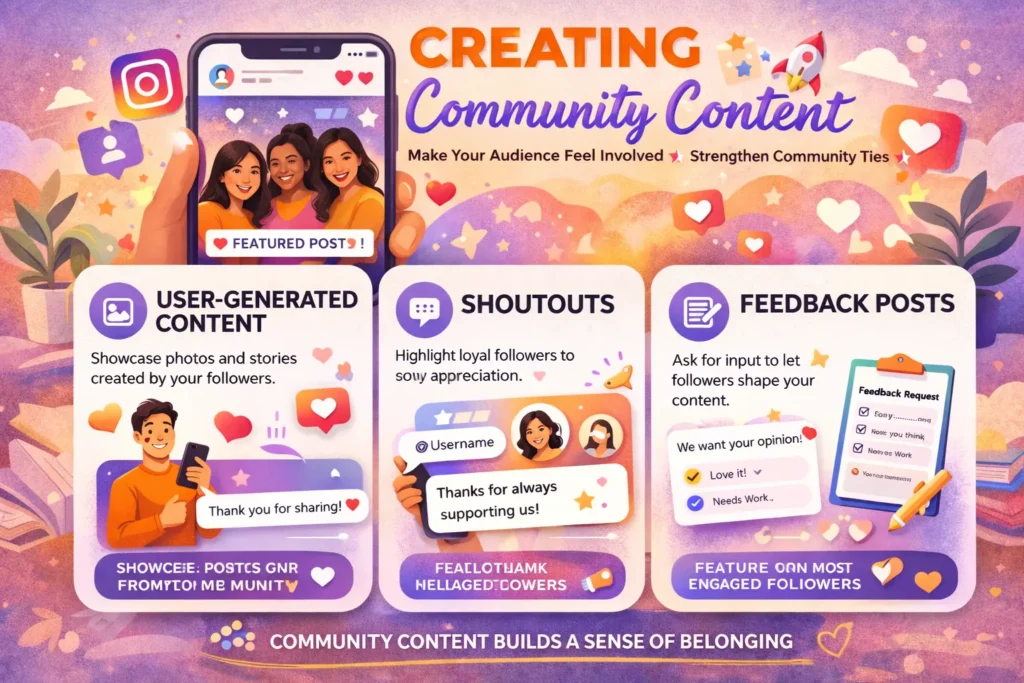 Instagram community content, including user-generated posts, shoutouts, and feedback.