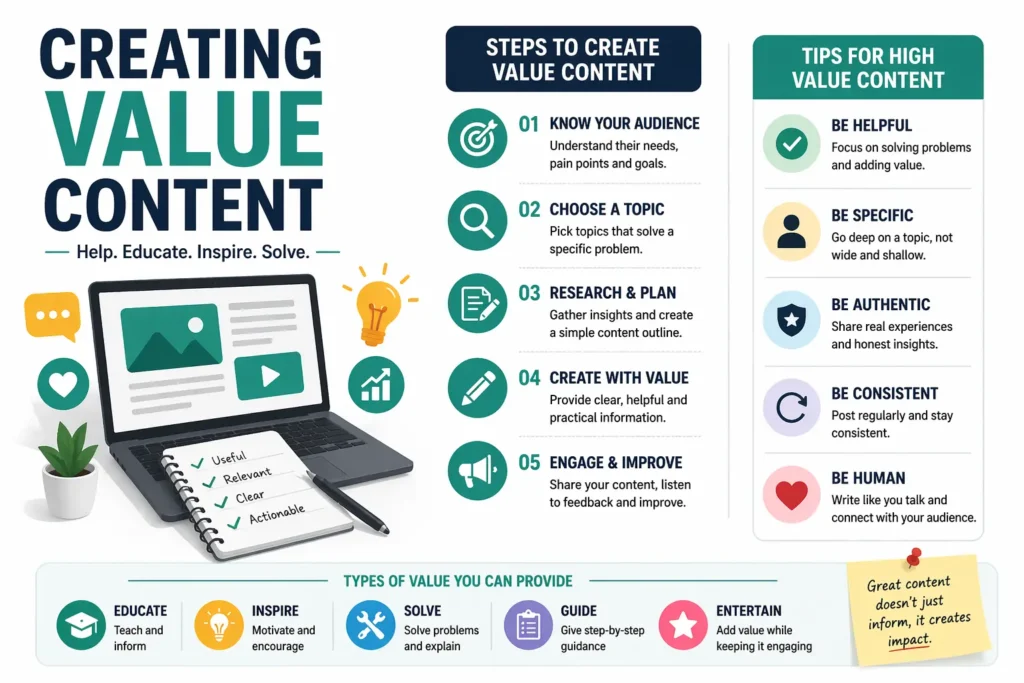 An easy guide to creating value-based content with tips, information, and audience-focused ideas.
