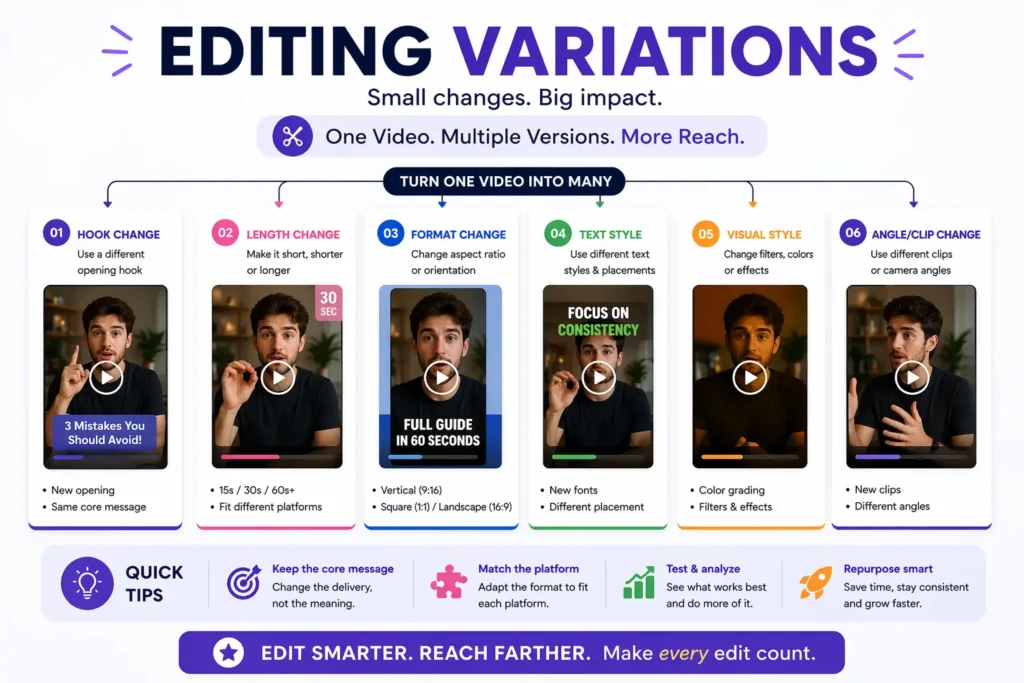 An image showing various editing techniques—such as hooks, captions, and thumbnails—for better content performance.