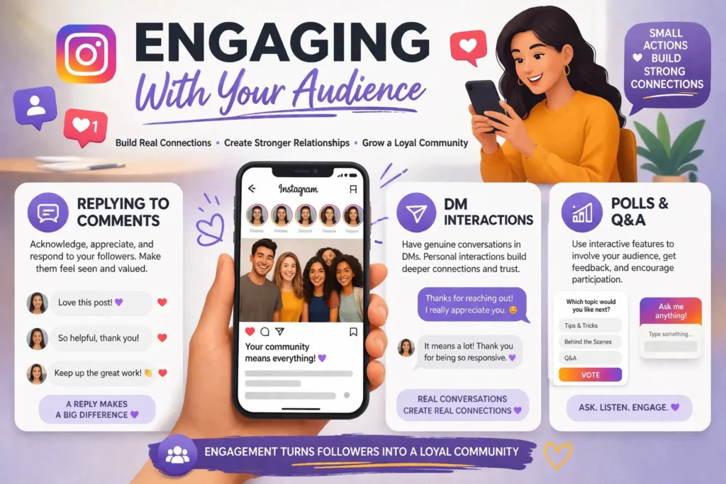 People interacting on Instagram through comments, DMs, and polls.