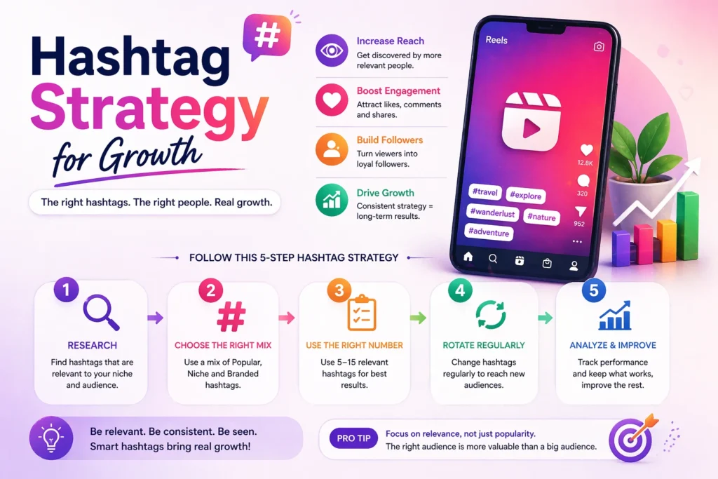 This image shows a hashtag strategy that explains elements such as growth icons, analytics charts, and Instagram engagement.