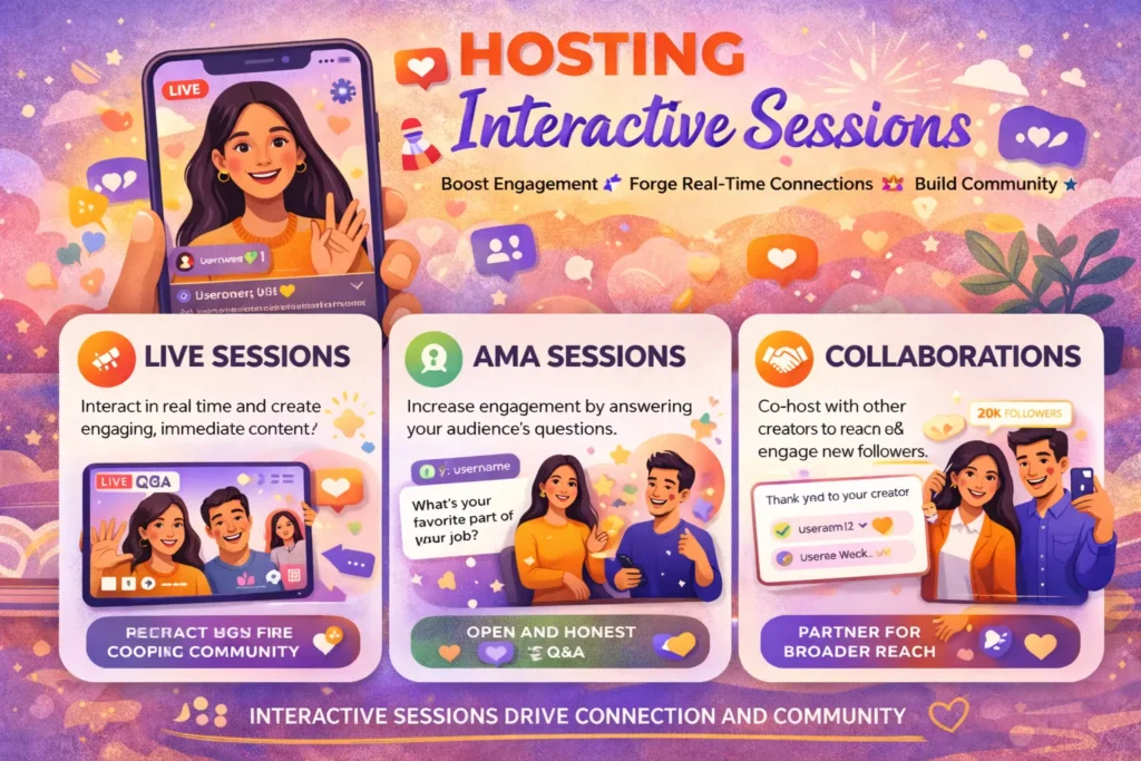 Instagram Live sessions, AMAs, and collaborations to connect with the audience.