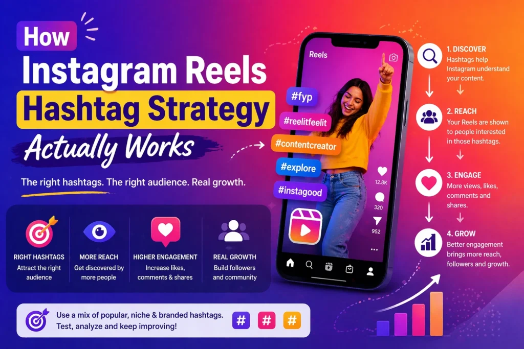 An image showing the hashtag strategy for Instagram Reels, along with steps to boost reach, engagement, and growth.