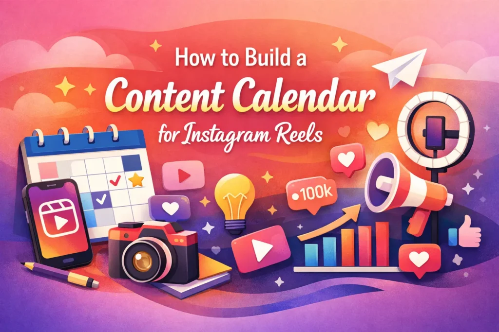 Planning an Instagram Reels content calendar featuring smartphone, calendar, and social media icons.