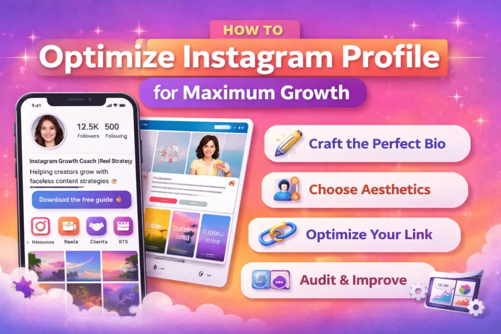 Instagram profile optimization tips displayed on a mobile screen, covering bio setup, highlights, the link in the bio, and growth strategies.