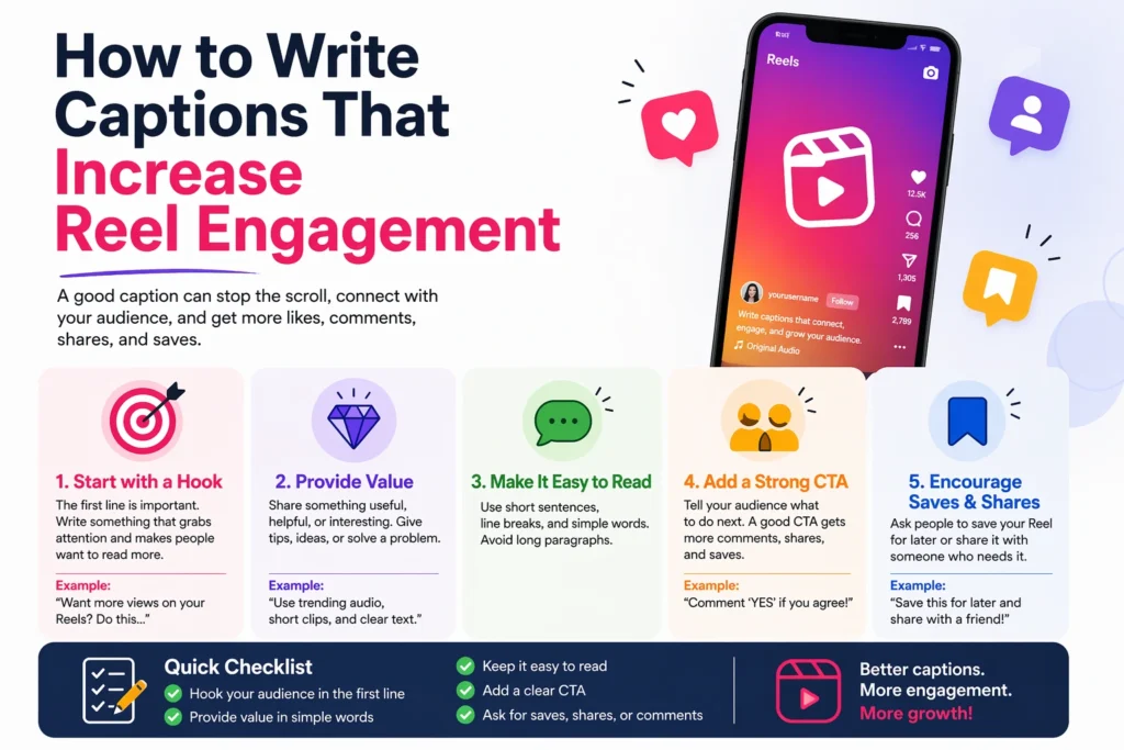 The blog's featured image shows tips for writing Instagram Reel captions that boost engagement, comments, saves, and shares.