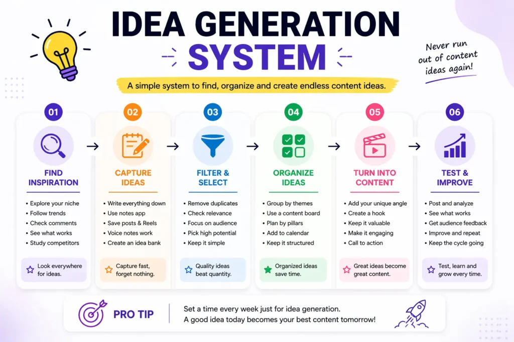 A simple illustration showing the idea-generation system, which includes steps such as tracking trends, gathering ideas, organizing them, and creating content.