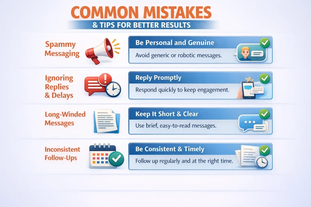 An image covering mistakes and tips regarding Instagram DM marketing, including topics such as spam messaging, delayed responses, long messages, and follow-up strategies.