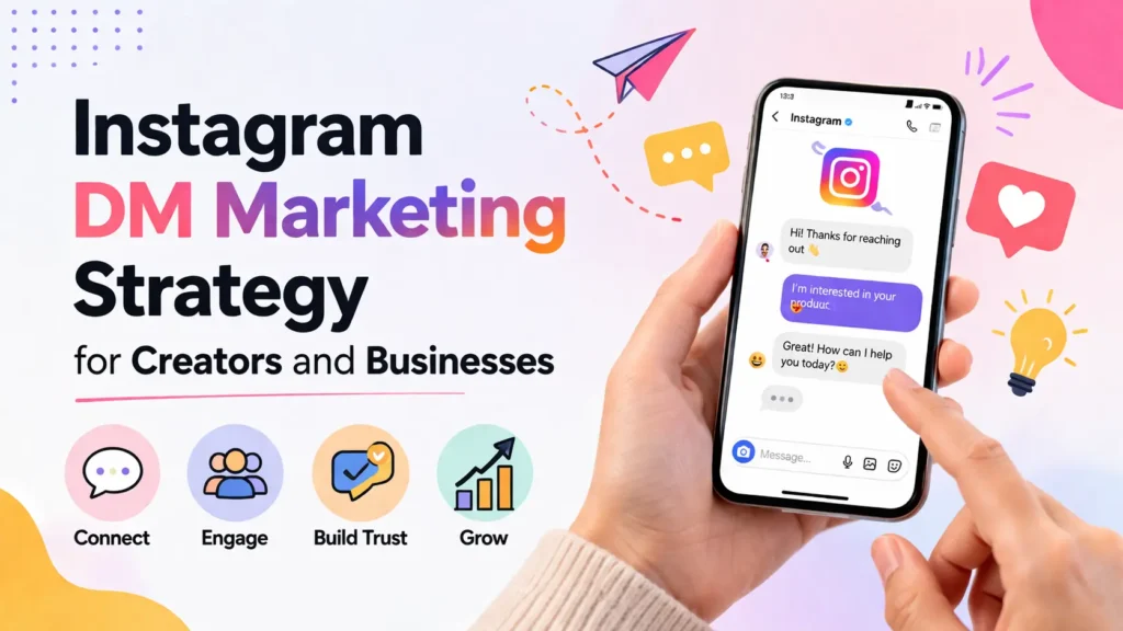 An illustration of an Instagram DM marketing strategy, featuring chat messages, a mobile phone, and social media icons.