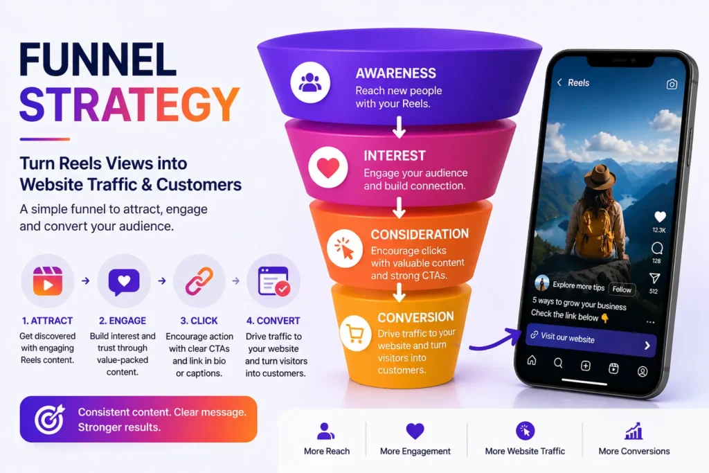 The Instagram Reels funnel strategy explains how Reels guide users from views to website conversions.