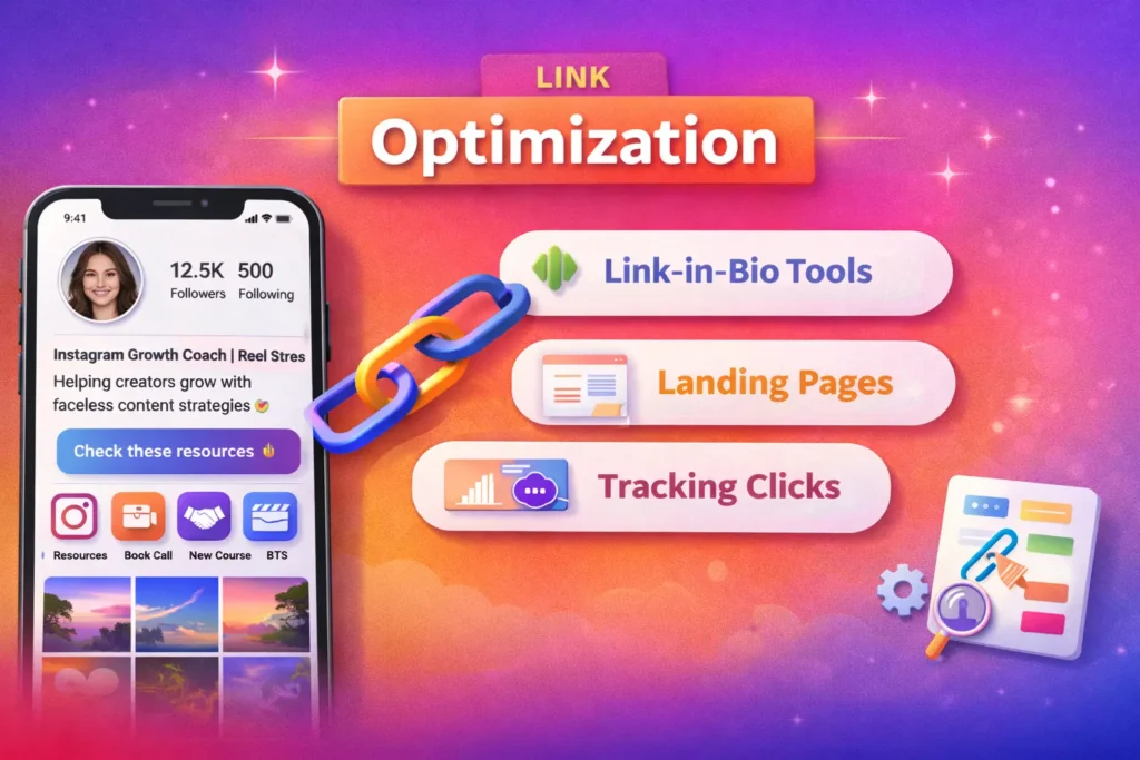 Instagram bio link setup, including 'link in bio' tools, landing page optimization, and click tracking.